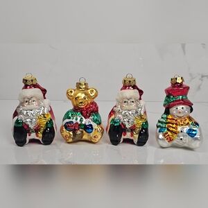 Vintage‎ SET OF 4 Glass Blown 4.5" Christmas Ornaments SANTA CLAUS, SNOWMAN,BEAR
